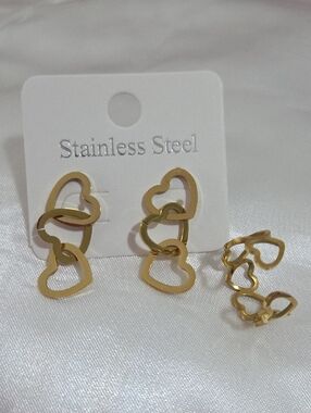 Stainless Steel Gold Heart Link Earrings & Open Ring Set Cute Minimalist Jewelry